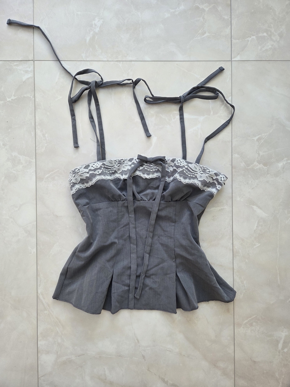 Grey Lace-Trim Bustier Top with Tie Straps